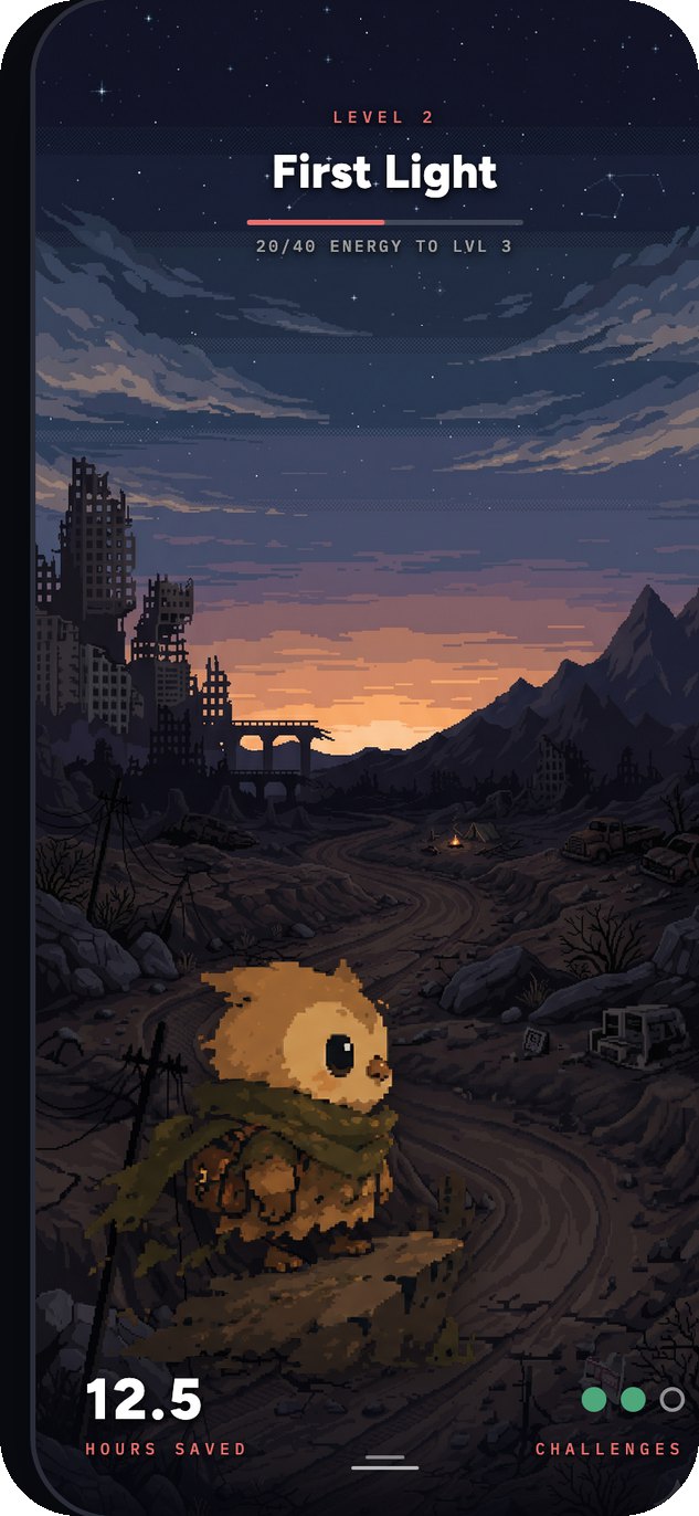 Phone frame showing the app's dashboard at level two, First Light: a pixel-art companion in a landscape at dusk, an energy bar toward the next level, and an hours-saved counter reading 12.5